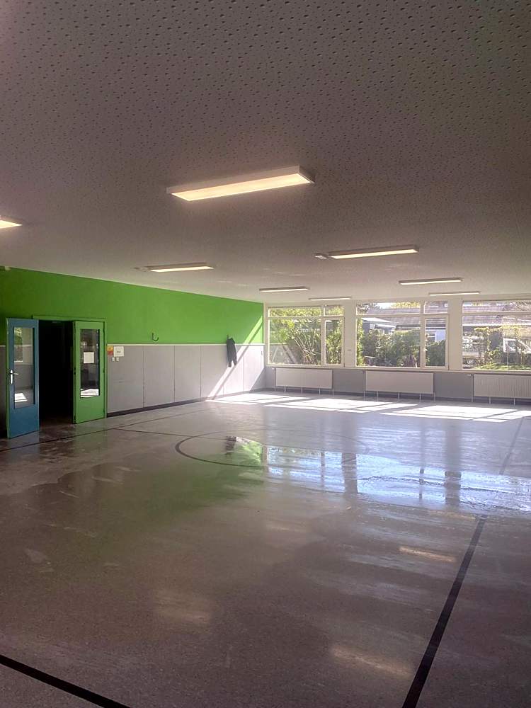 Sportzaal met nieuw akoestisch plafond en groene wand in de zon